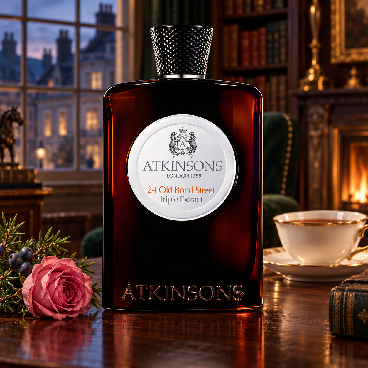 Atkinsons 24 Old Bond Street Triple Extract with juniper berries, a pink rose, and a teacup in a warmly lit English library.