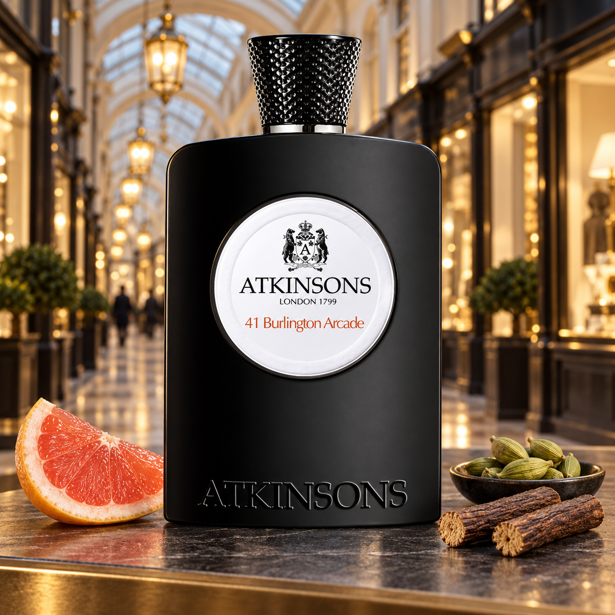 Atkinsons 41 Burlington Arcade with grapefruit, cardamom, and liquorice root in a warmly lit London shopping arcade.
