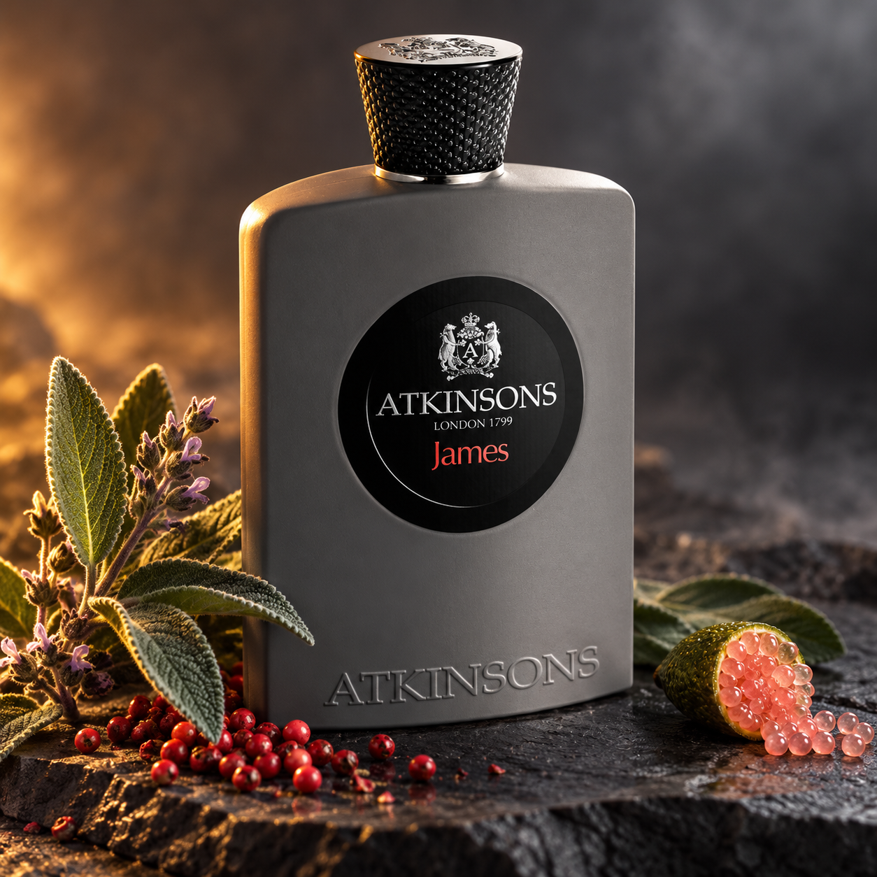 Atkinsons James on dark slate with sage, pink peppercorns and a finger lime half in warm amber side light.