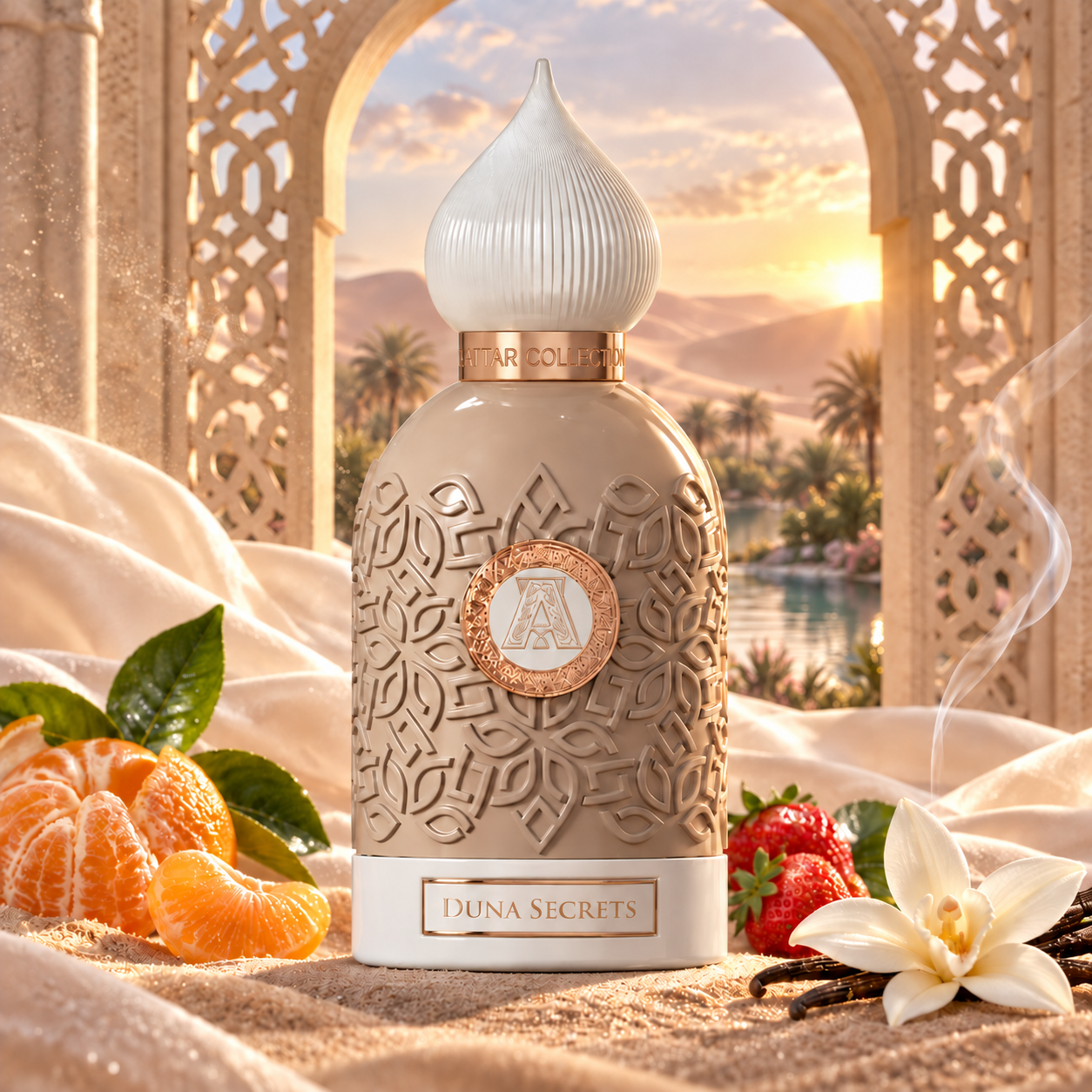 Attar Collection Duna Secrets perfume stands before a sunlit desert oasis, surrounded by flowing ivory fabric, mandarin, strawberries, vanilla flowers, and delicate incense smoke.