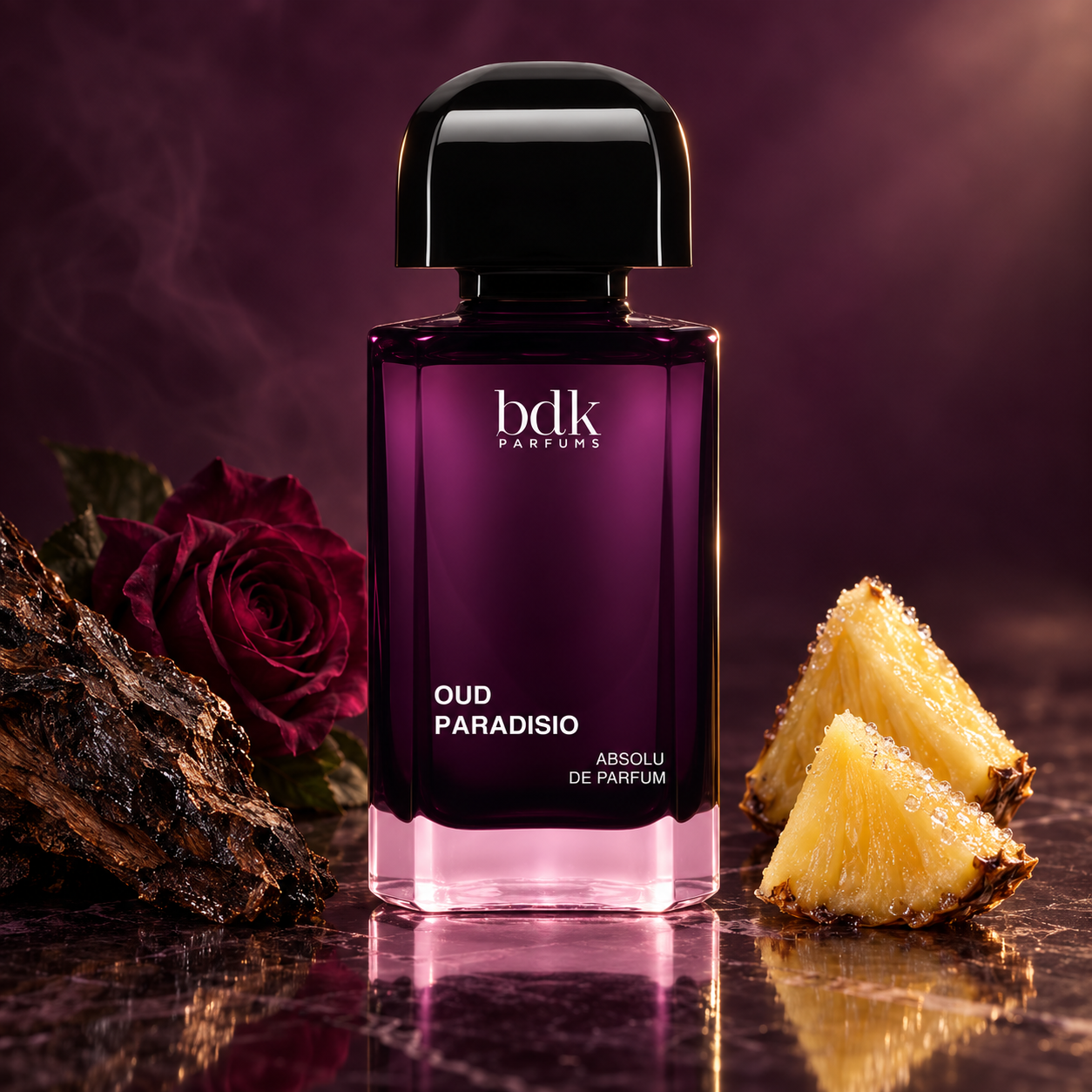 BDK Parfums Oud Paradisio on reflective dark stone beside oud wood, a burgundy rose, and frosted pineapple wedges, illuminated against a deep plum background.