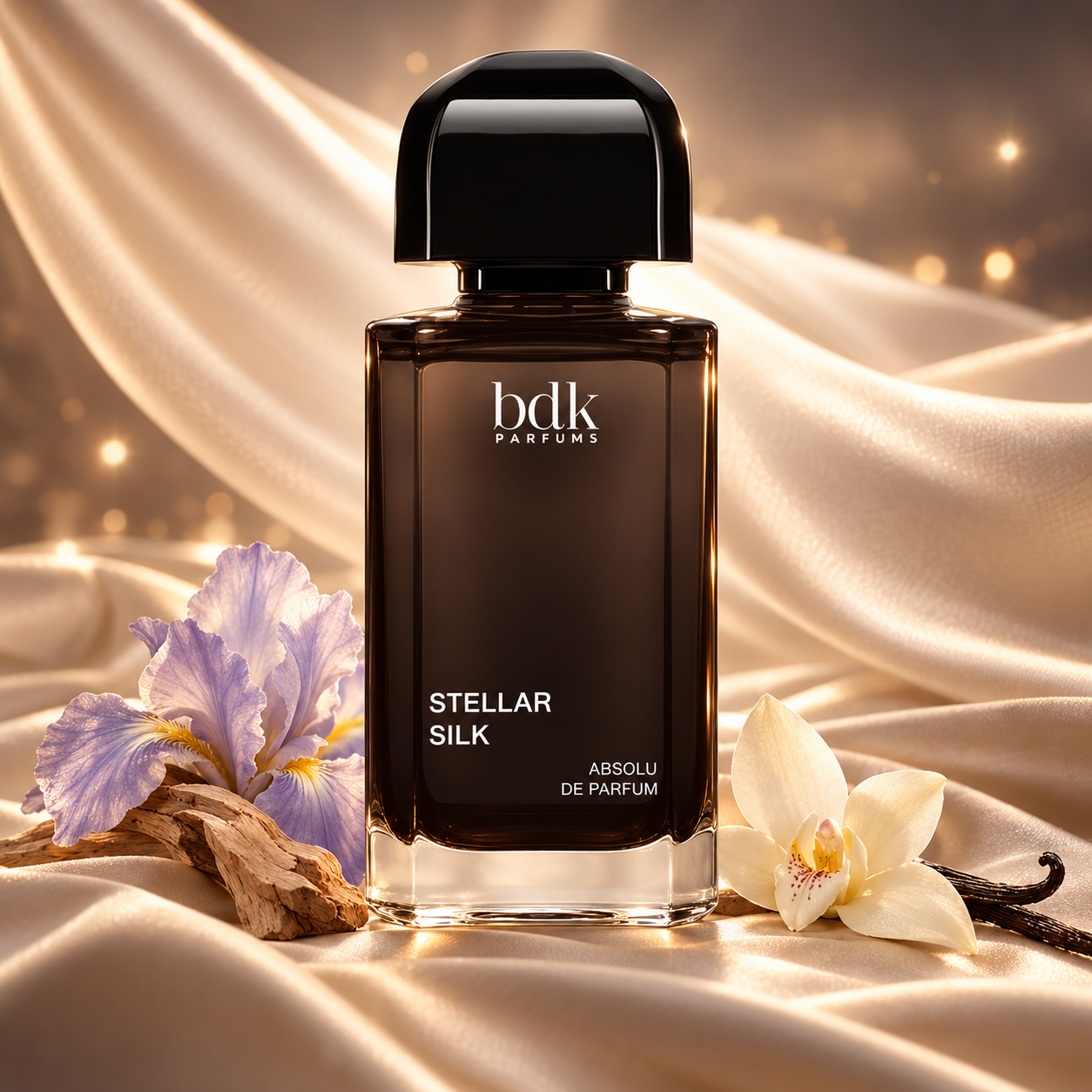 BDK Parfums Stellar Silk on champagne silk with iris, sandalwood, vanilla orchid, and warm star-like highlights.