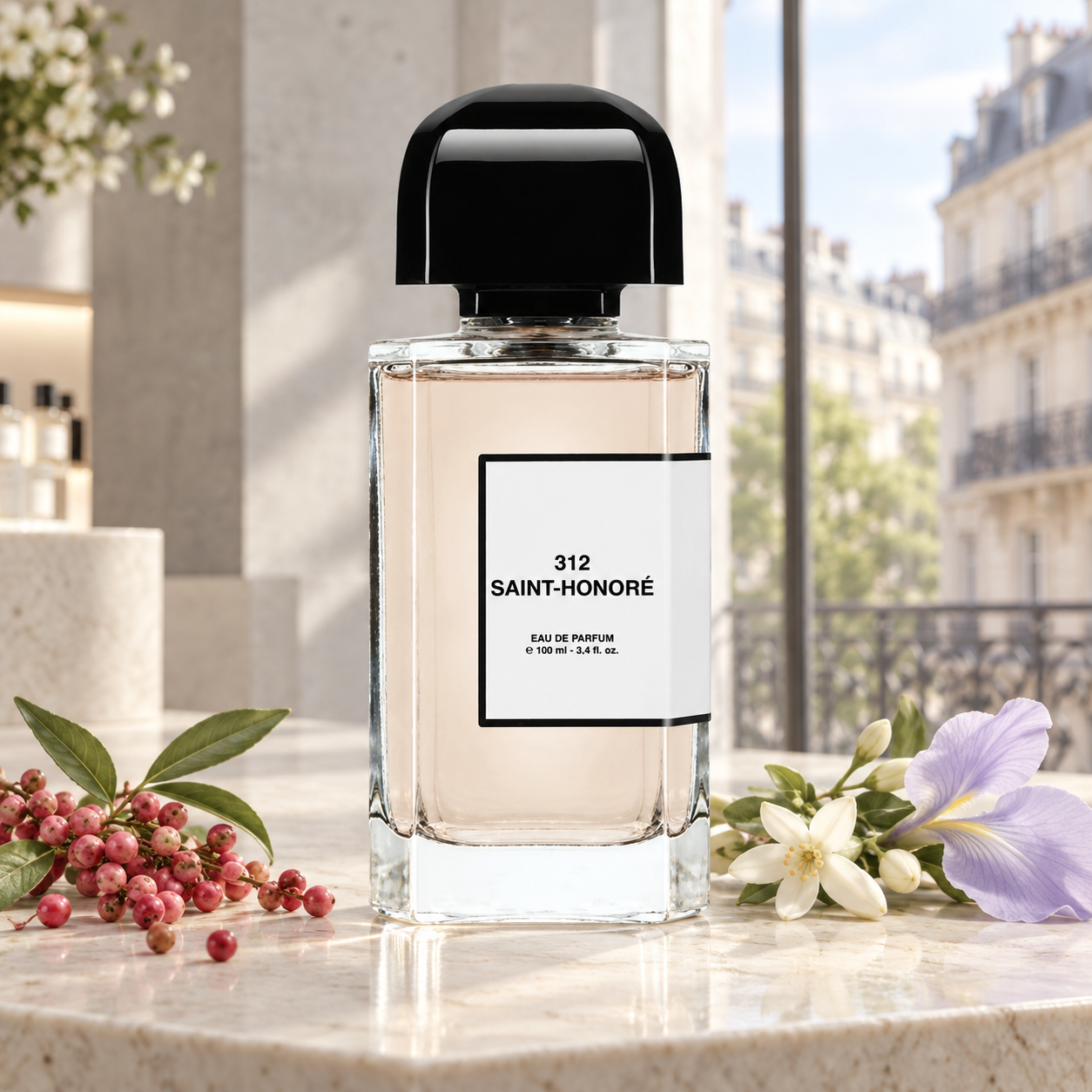 BDK 312 Saint-Honoré on white stone with pink peppercorns, orange blossoms, and a pale iris beside a bright Parisian window.