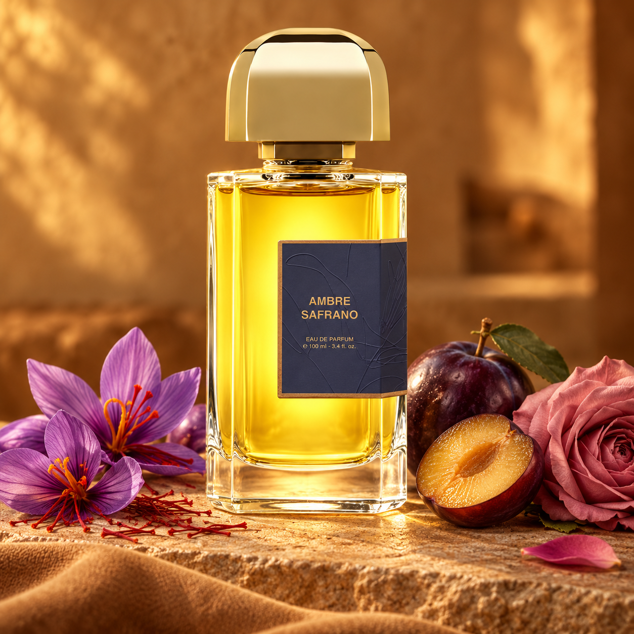 BDK Parfums Ambre Safrano on golden sandstone with purple saffron crocuses, plum, and a dusky pink rose in warm light.