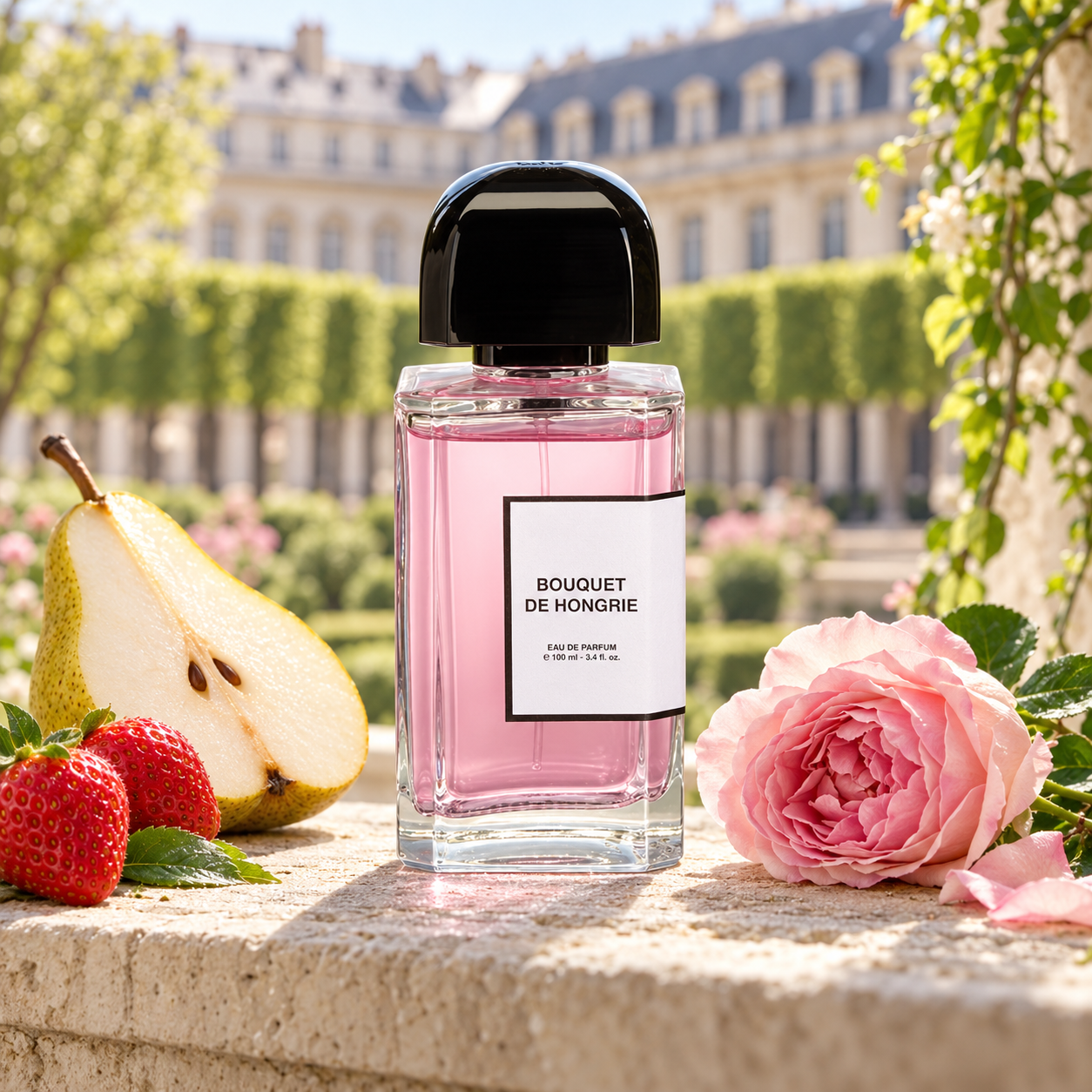 BDK Bouquet de Hongrie beside pear, strawberries, and a pink rose on a sunlit stone ledge overlooking a Parisian garden.
