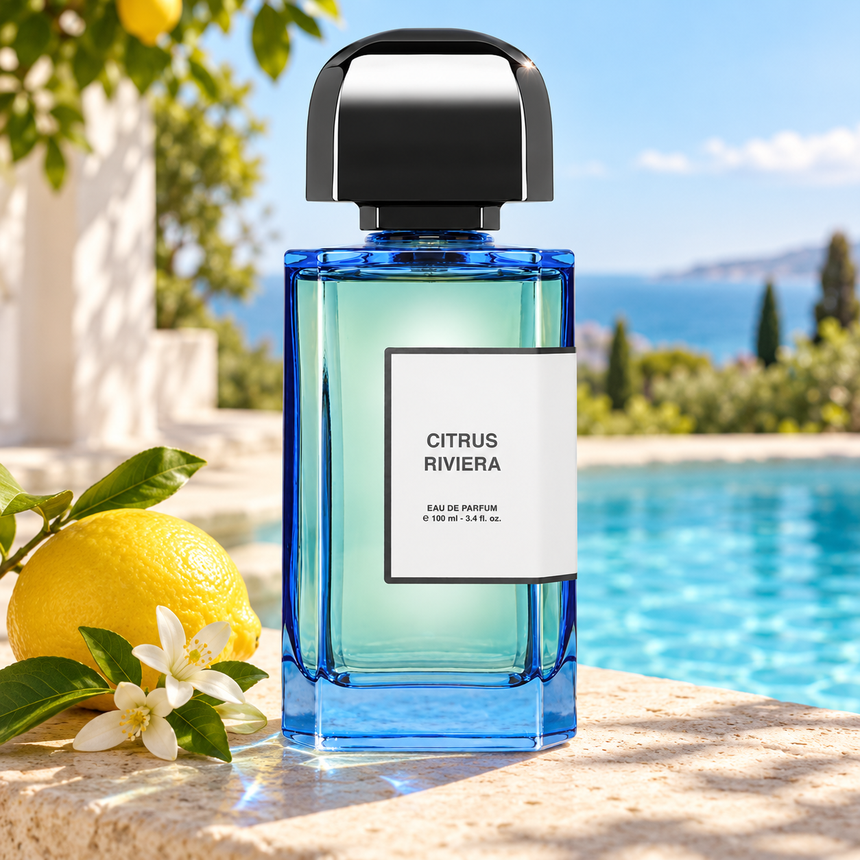 BDK Parfums Citrus Riviera bottle beside lemon and white blossoms on sunlit stone, with a turquoise pool and softly blurred Riviera coastline behind it.