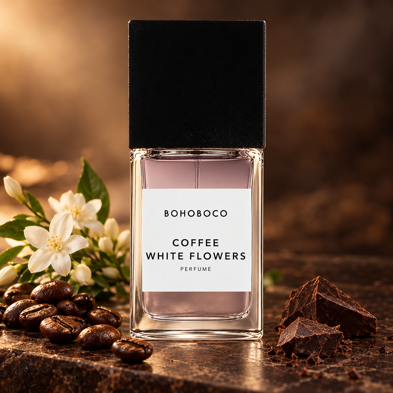 BOHOBOCO Coffee White Flowers bottle beside roasted coffee beans, white jasmine, and dark chocolate on brown stone in warm light.