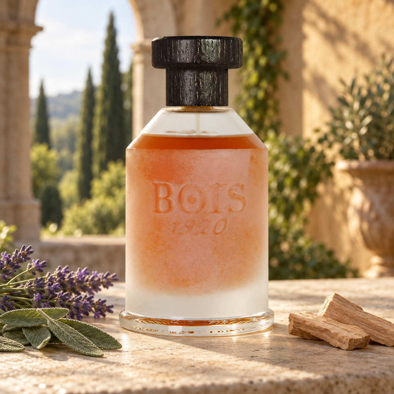 BOIS 1920 Extreme bottle with lavender, sage, and sandalwood on a sunlit stone surface overlooking an Italian-style garden.