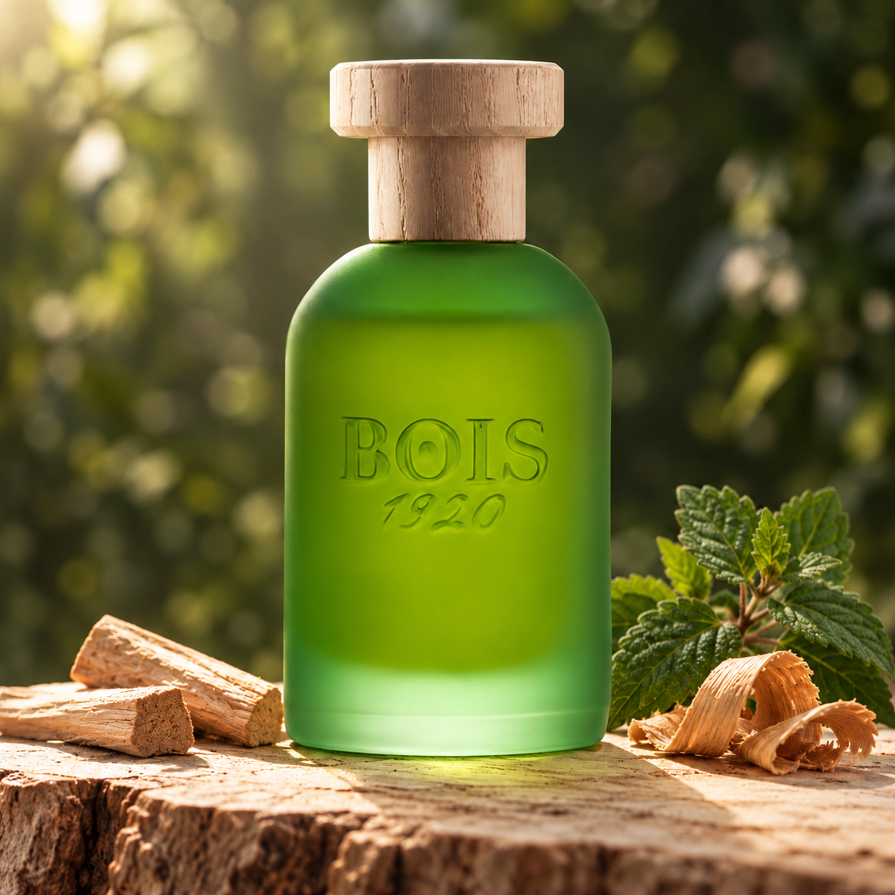 BOIS 1920 Cannabis perfume bottle with a wooden cap, surrounded by pale wood pieces, curled shavings, and green patchouli leaves in soft sunlight.