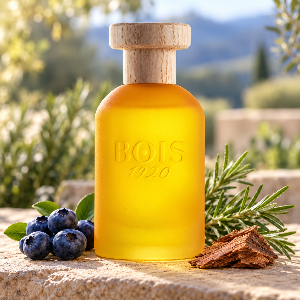 BOIS 1920 Cannabis Fruttata with blueberries, rosemary, and cedarwood on pale stone in warm garden sunlight.