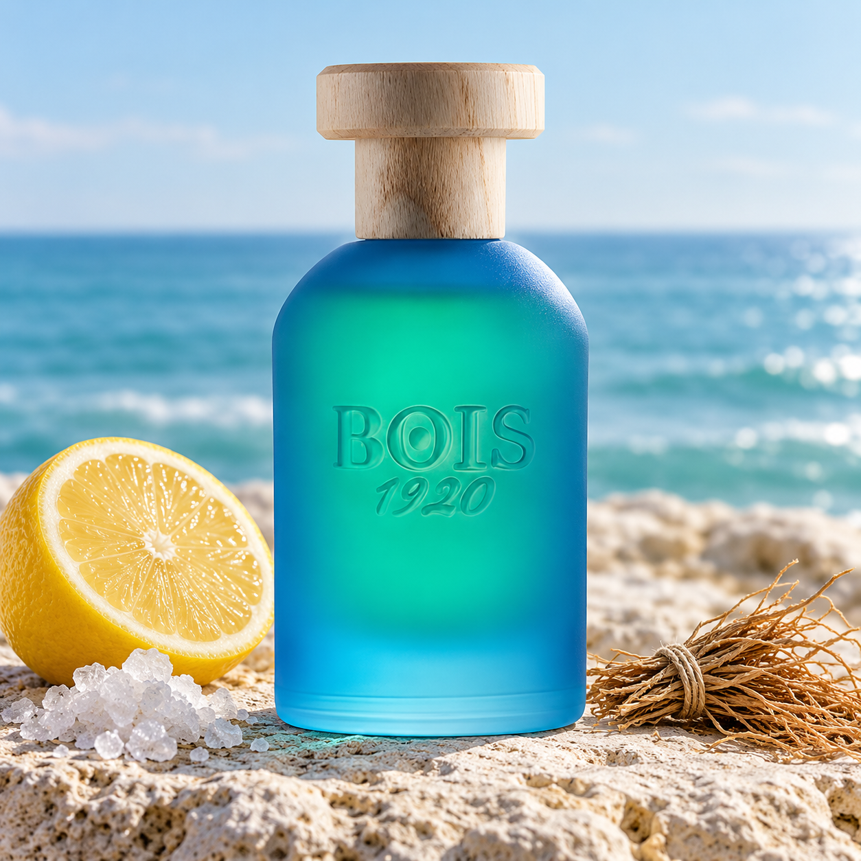 BOIS 1920 Cannabis Salata beside a lemon half, sea salt crystals, and vetiver roots on pale coastal stone overlooking the blue sea.