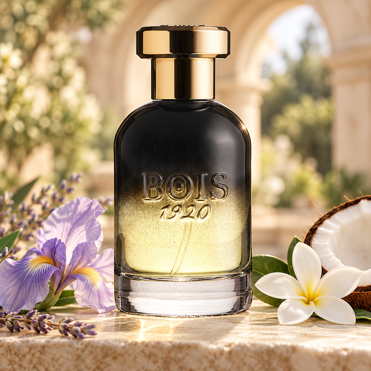 BOIS 1920 Centenario beside lavender iris, a white tropical flower, and a coconut half in a softly sunlit courtyard.