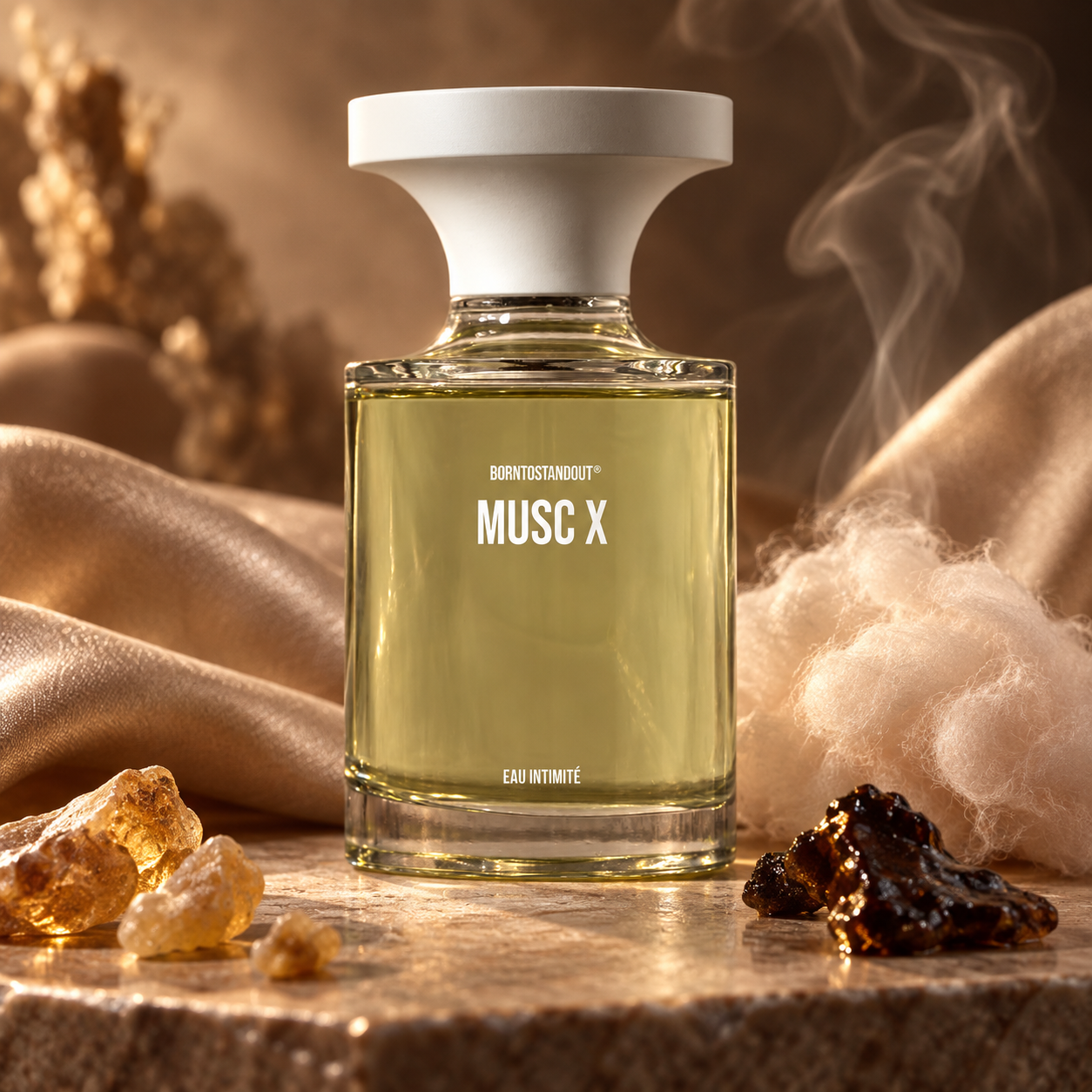 BORNTOSTANDOUT MUSC X perfume bottle on warm stone, surrounded by golden resin, cotton candy, champagne satin, and wisps of incense smoke.