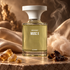 BORNTOSTANDOUT MUSC X perfume bottle on warm stone, surrounded by golden resin, cotton candy, champagne satin, and wisps of incense smoke.