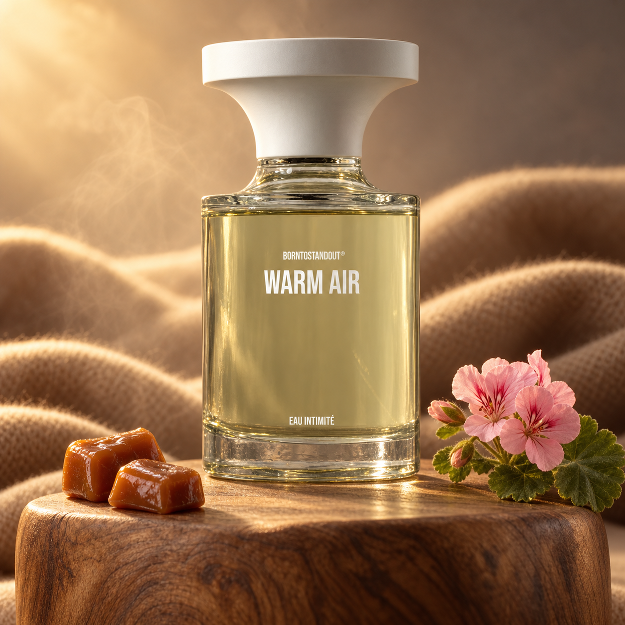 BORNTOSTANDOUT WARM AIR perfume bottle on a wooden pedestal with caramel pieces, pink geranium flowers, and soft camel fabric in golden light.