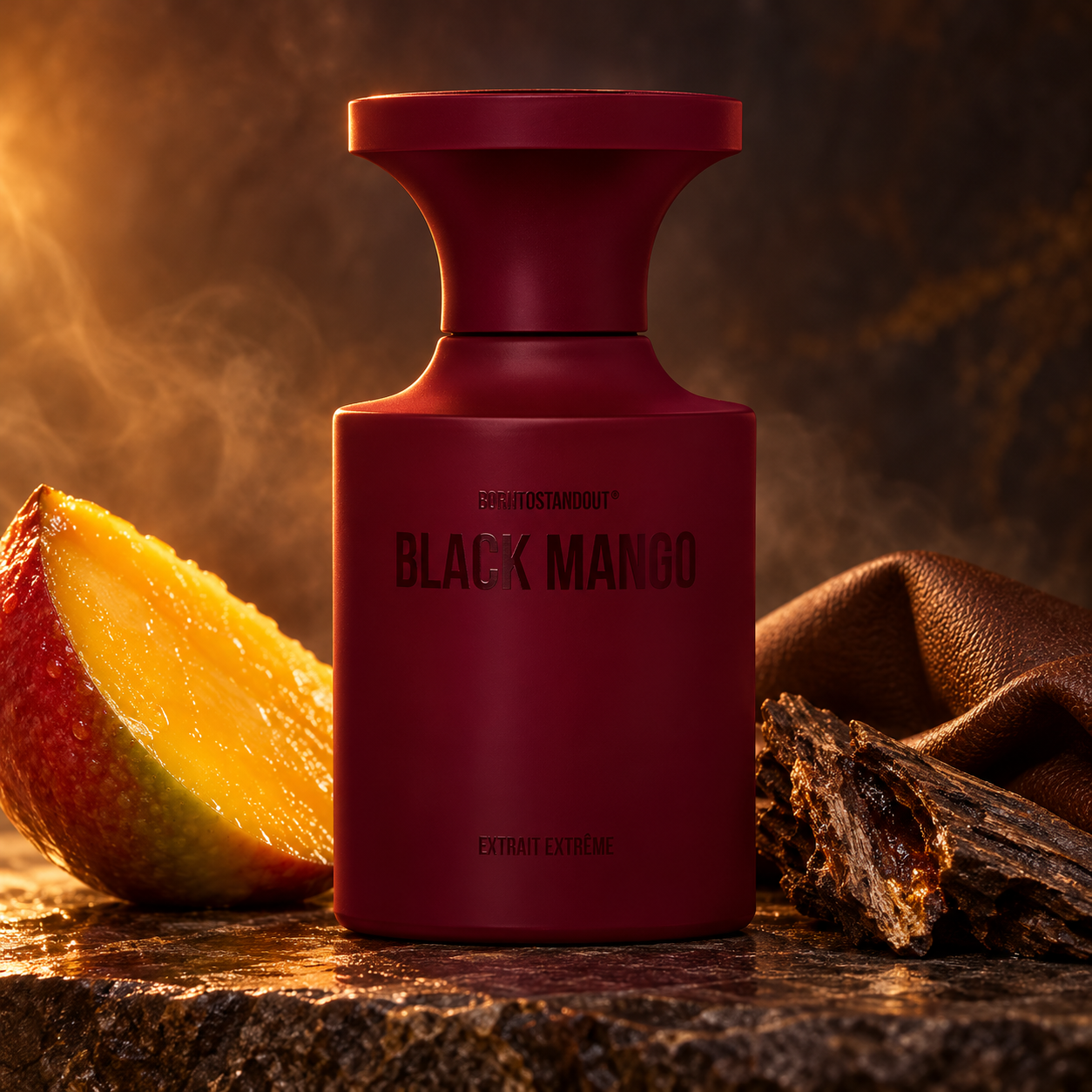 BORNTOSTANDOUT Black Mango beside a large mango cheek, oud wood, and brown leather on dark stone in smoky amber light.