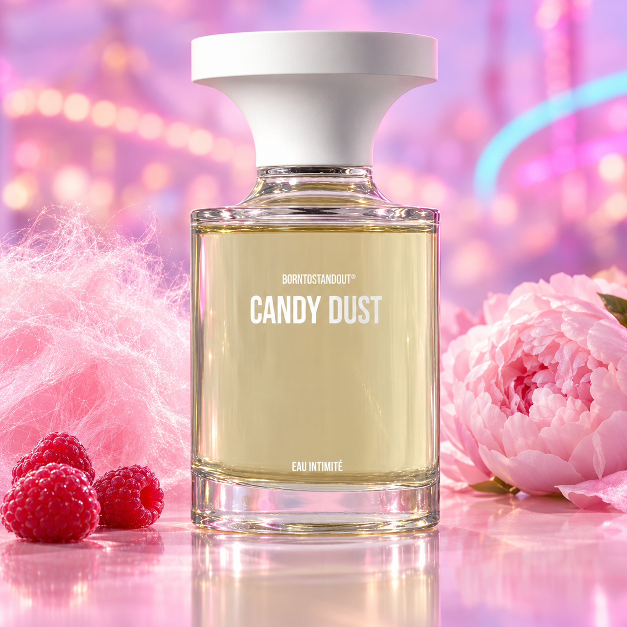 BORNTOSTANDOUT Candy Dust beside pink cotton candy, raspberries, and a peony against softly glowing neon lights.