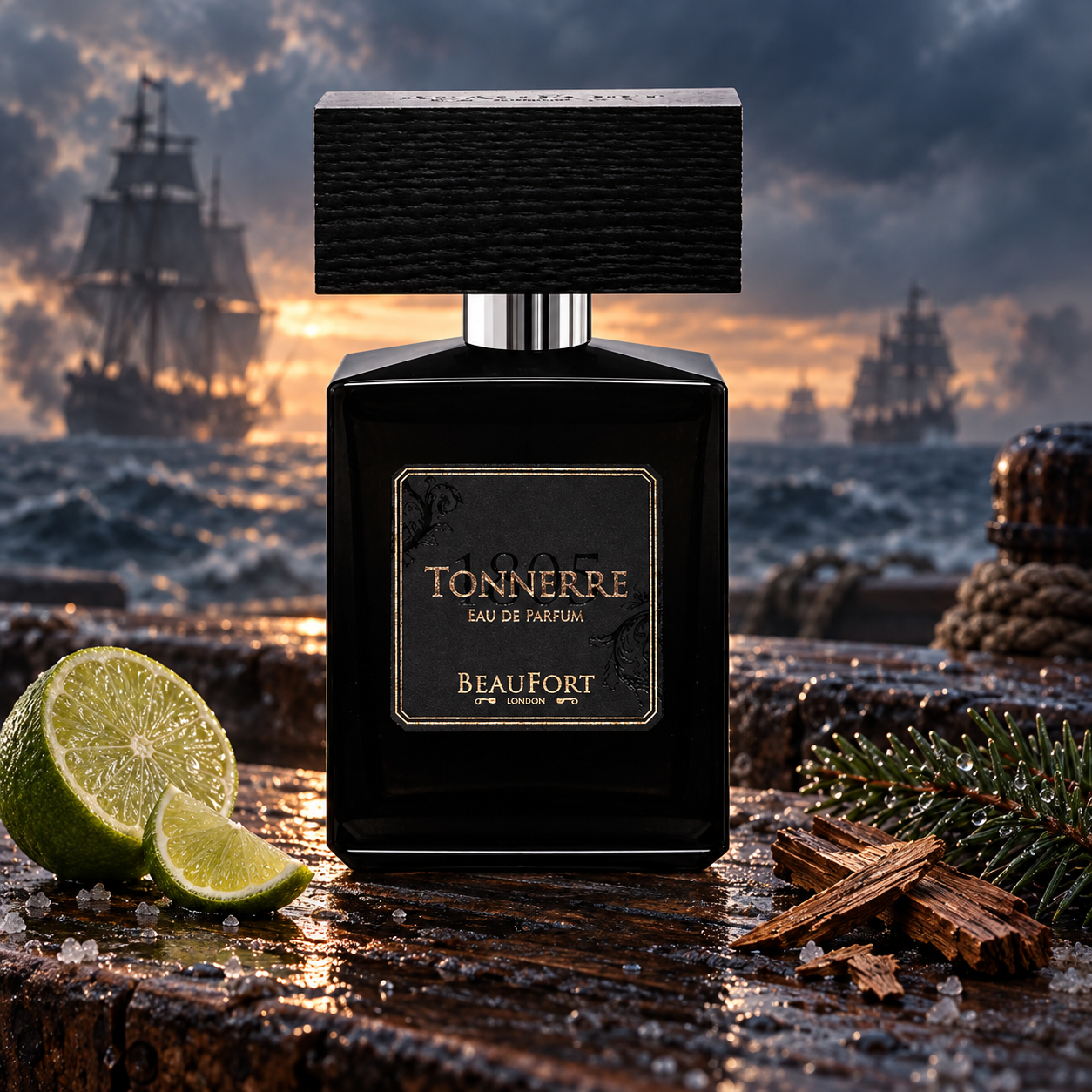 BeauFort London 1805 Tonnerre with lime, cedar wood, and fir on weathered timber, with sailing ships on a dramatic sea at dusk.