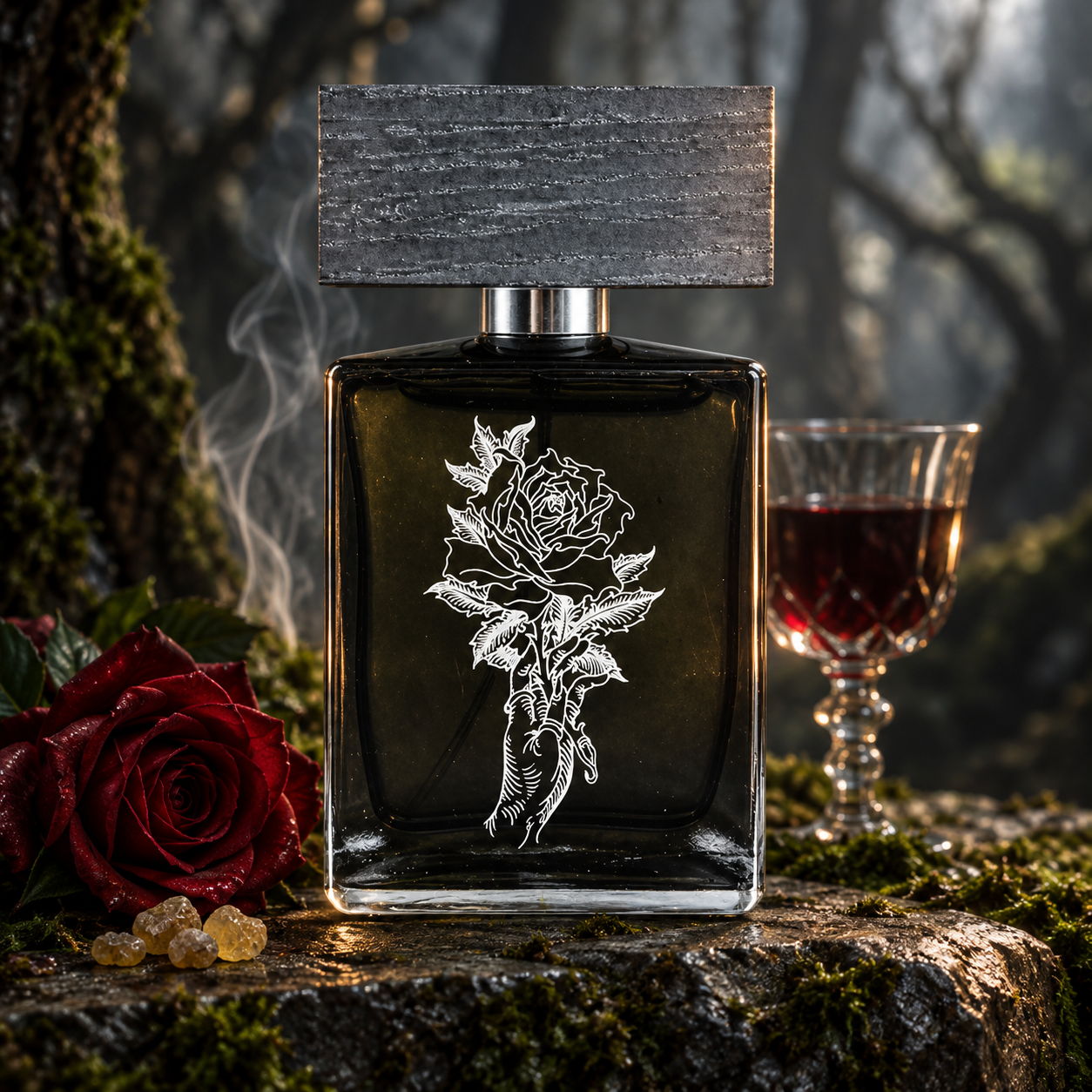 BeauFort London Acrasia on moss-edged forest stone beside a crimson rose, frankincense resin, and a glass of red wine, lit by soft silver and amber light.