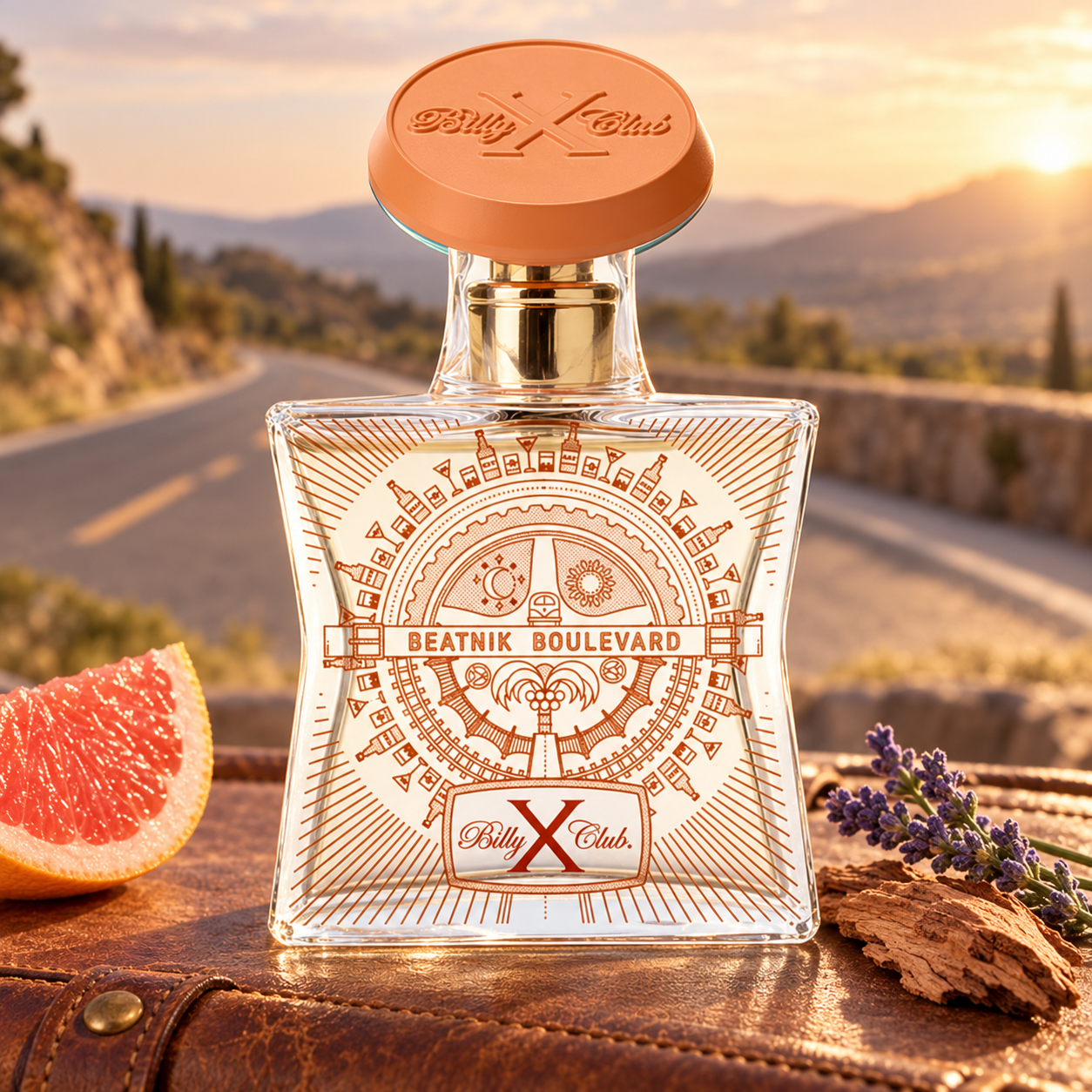 BillyXClub Beatnik Boulevard on a worn leather travel case beside grapefruit, lavender, and cedar, with an open road and sunlit hills behind it.