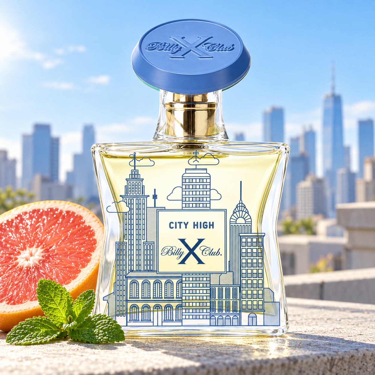 BillyXClub City High bottle beside pink grapefruit and mint on a sunlit rooftop, with a softly blurred city skyline beneath blue skies.
