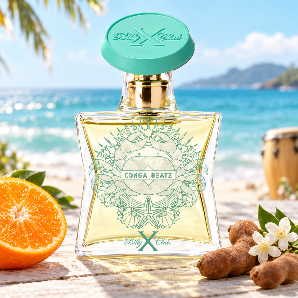 BillyXClub Conga Beatz bottle on sunlit wood beside a mandarin half, tamarind pods, and white blossoms, with turquoise waves and a conga drum behind.