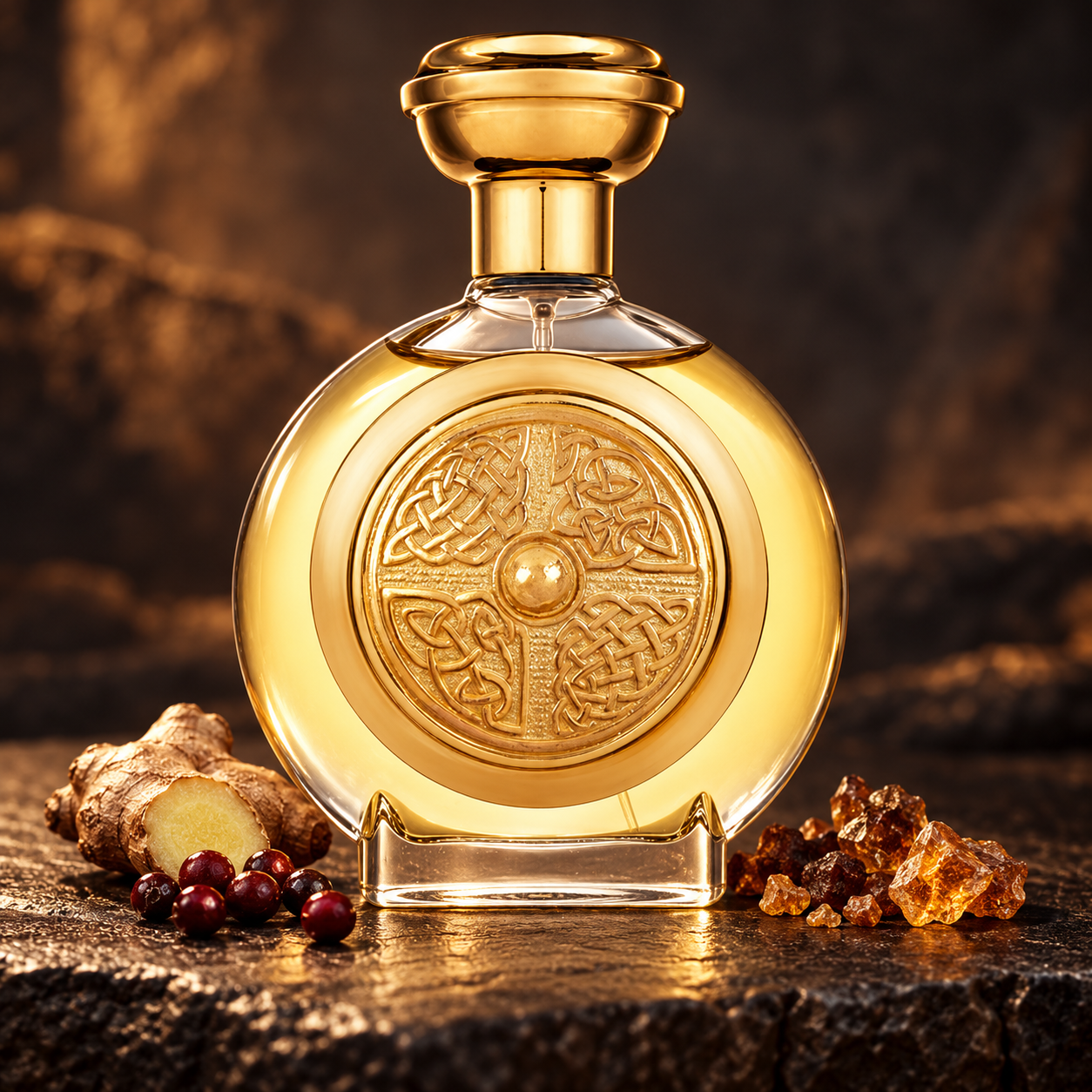 Boadicea the Victorious Defender bottle with ginger, red berries and golden resin on dark stone in warm amber light.