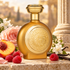 Boadicea the Victorious Empire perfume beside peach, roses, raspberries and vanilla on warm stone near a blurred classical column.