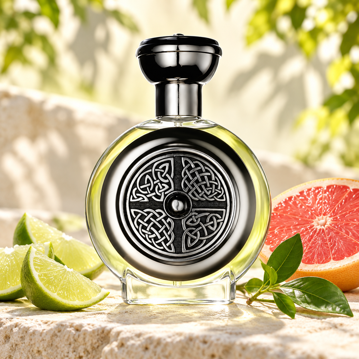 Boadicea The Victorious Energizer bottle with lime wedges, grapefruit and green leaves on sunlit pale stone.