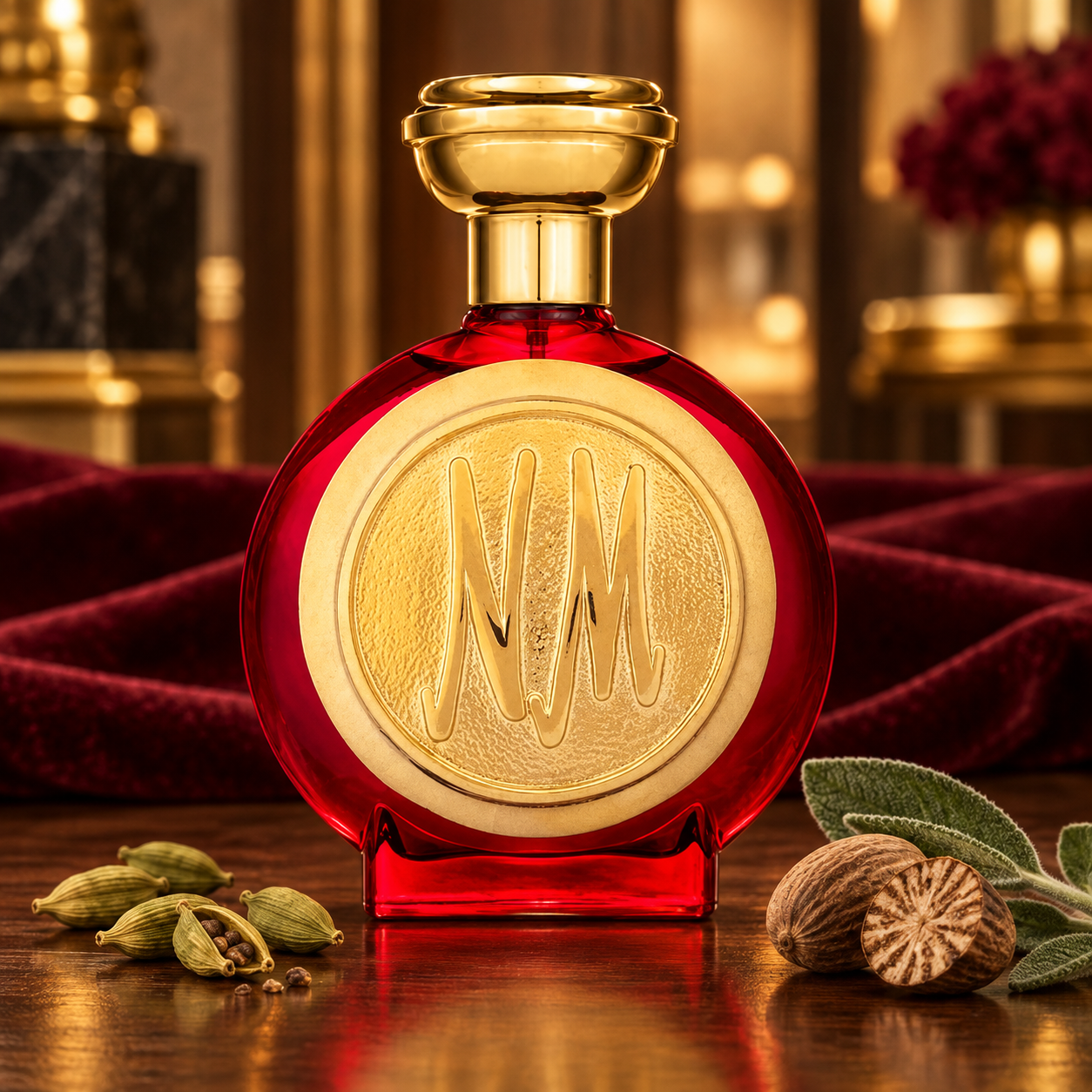 Boadicea the Victorious 1907 ruby-red bottle with cardamom, nutmeg, and sage against burgundy velvet and warm golden lighting.