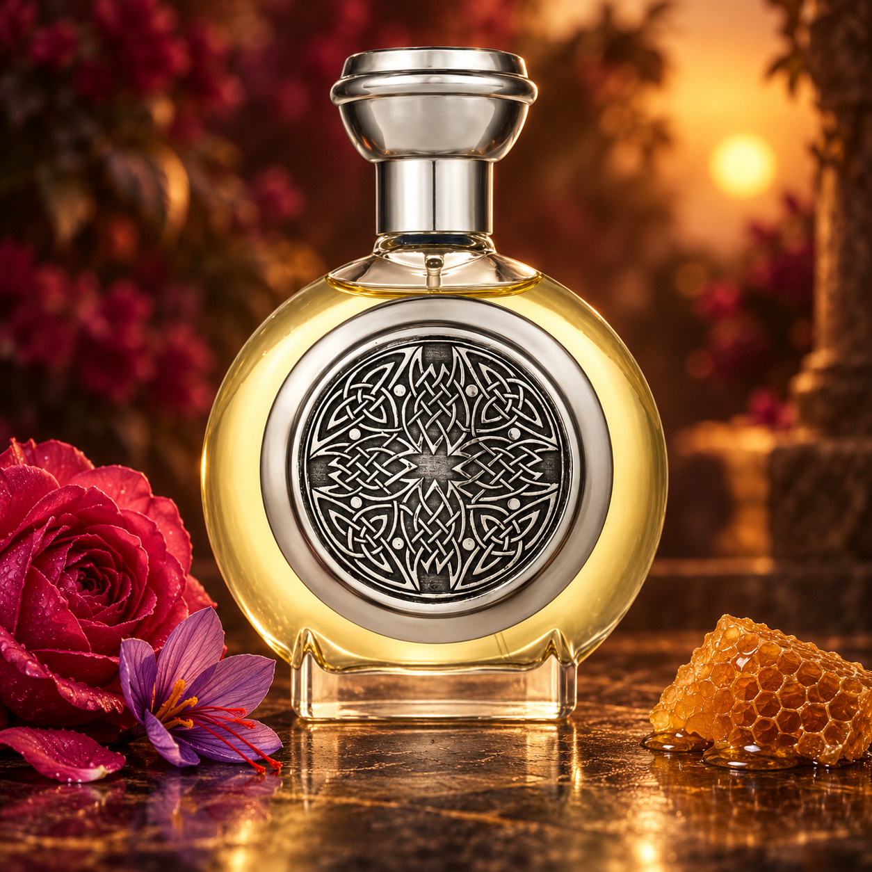 Boadicea the Victorious Ardent on dark stone beside a deep pink rose, purple saffron crocus, and golden honeycomb, illuminated by warm evening light.