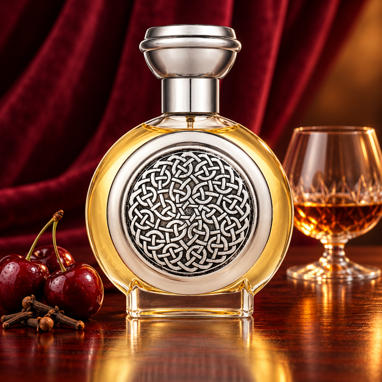 Boadicea the Victorious Bodacious on polished cherrywood beside cherries, cloves, and cognac, with burgundy velvet and warm amber lighting.
