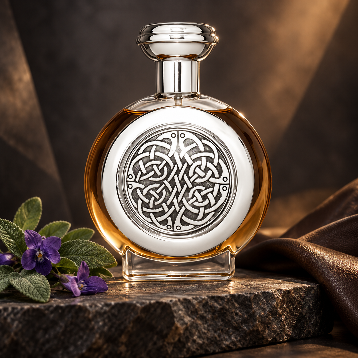 Boadicea the Victorious Complex bottle on dark stone beside violet blossoms, sage leaves, and brown leather in warm directional light.
