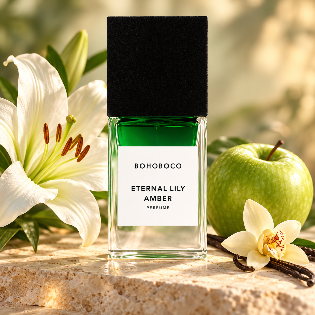 Bohoboco Eternal Lily Amber bottle with a white lily, green apple and vanilla orchid on sunlit stone.