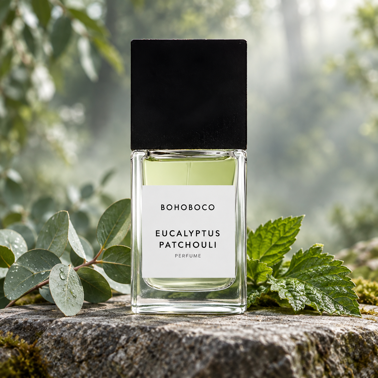 Bohoboco Eucalyptus Patchouli bottle with dew-covered eucalyptus and patchouli leaves on stone in a misty woodland.