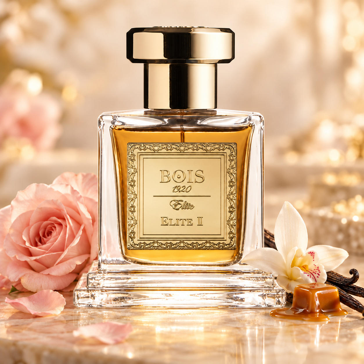 Bois 1920 Elite II perfume beside a blush rose, vanilla orchid and caramel in soft golden light.