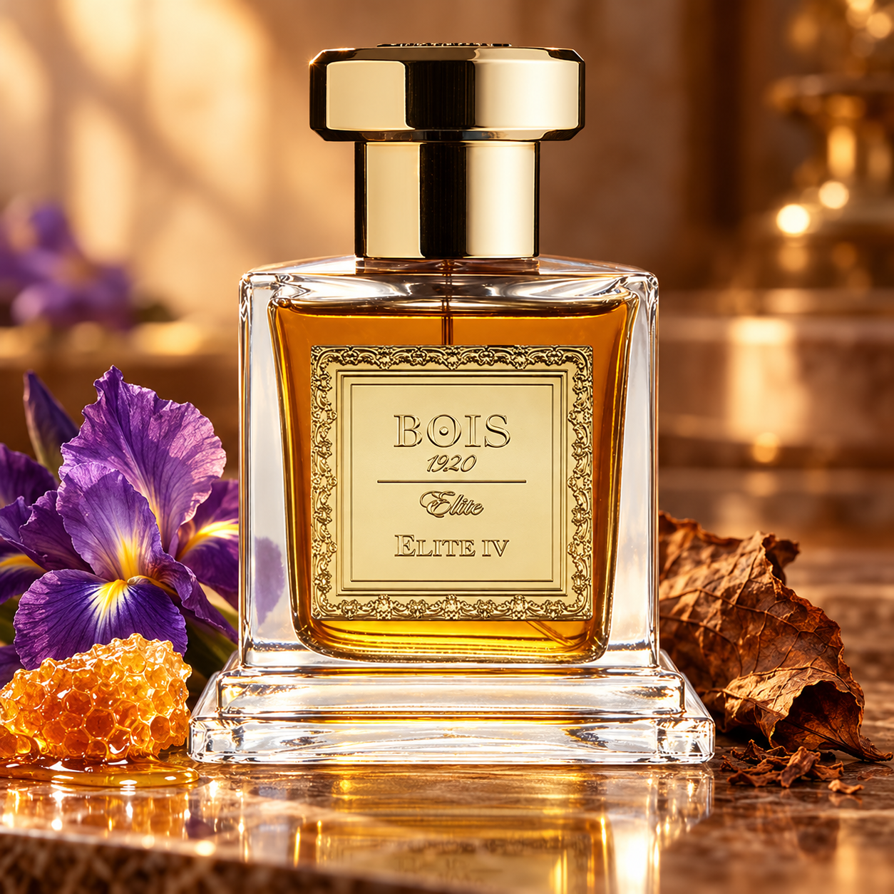 Bois 1920 Elite IV perfume with a purple iris, honeycomb and tobacco leaf in warm amber light.