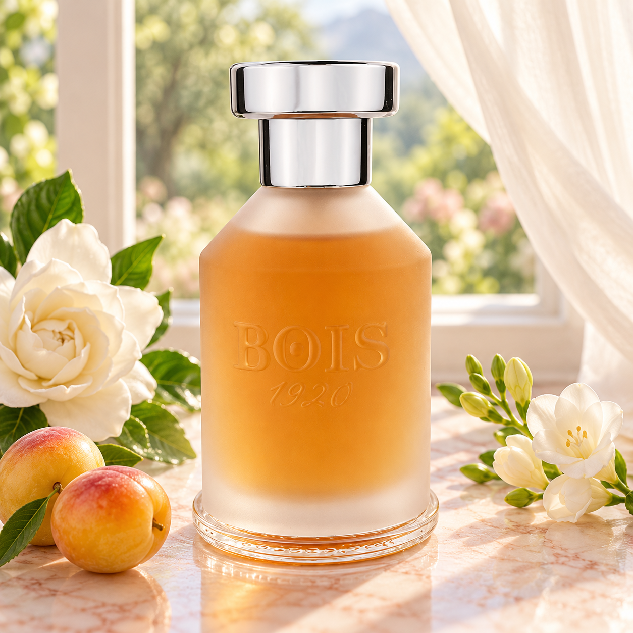 Bois 1920 Come L’Amore’s LIMITED EDITION silver-capped frosted bottle on blush marble beside Mirabelle plums, gardenia, and freesia in soft window light.