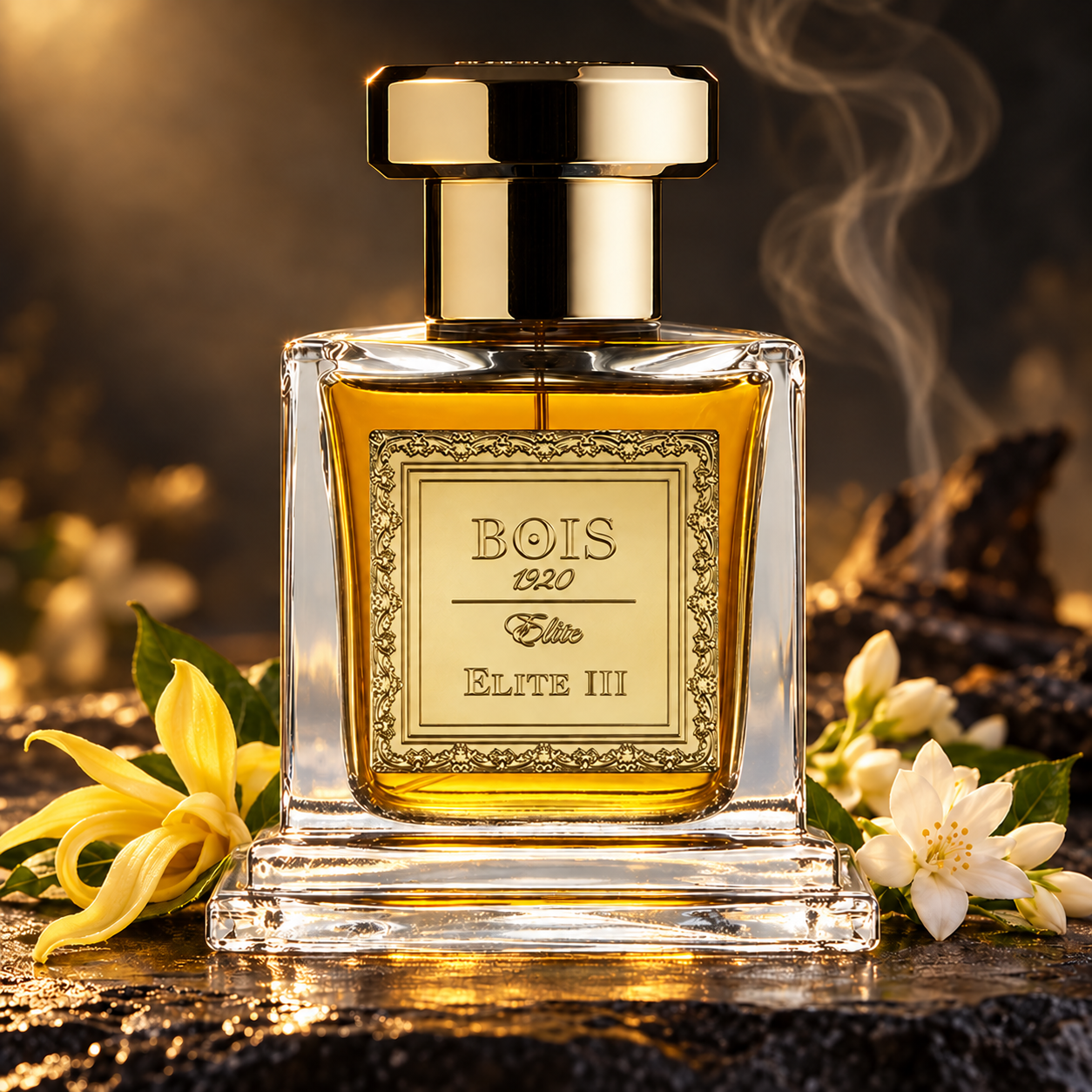 Bois 1920 Elite III perfume with yellow ylang-ylang and white jasmine on dark stone in warm light, with a wisp of smoke.
