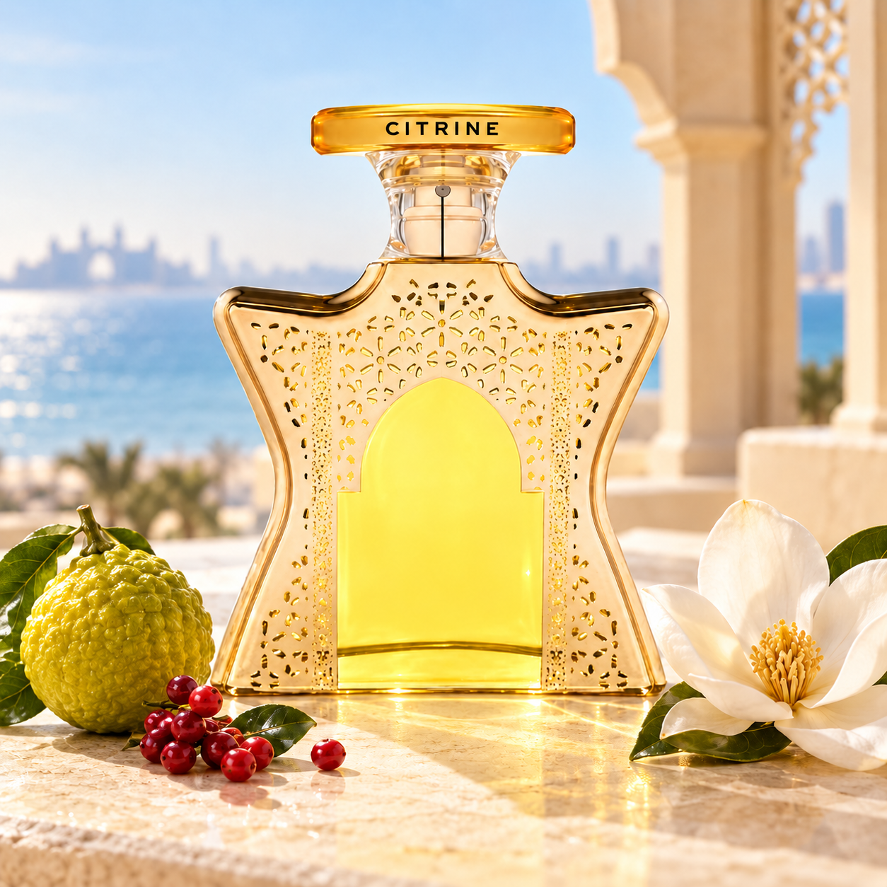 Bond No.9 Dubai Citrine bottle with whole bergamot, red berries and magnolia on a sunlit seaside terrace.