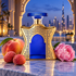 Bond No.9 Dubai Indigo bottle with whole peach, lychees and pink peony on a terrace overlooking Dubai at blue hour.