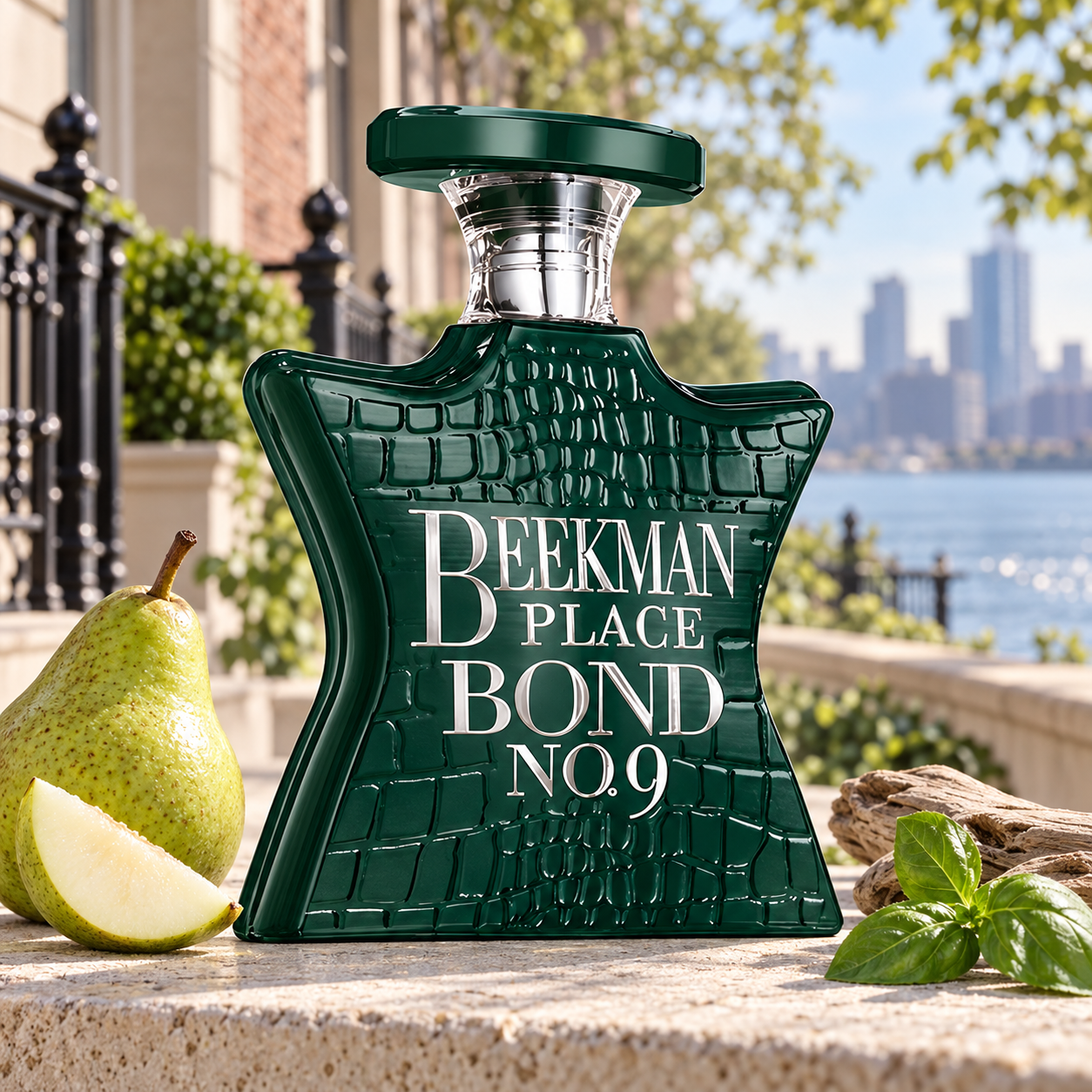 Bond No. 9 Beekman Place beside pear, basil, and driftwood on sunlit limestone, with townhouses and a river view behind it.