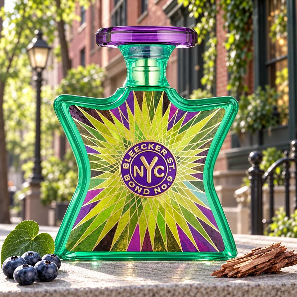 Bond No. 9 Bleecker Street on a stone ledge with blueberries, a violet leaf, and cedarwood, against a leafy brick townhouse streetscape.
