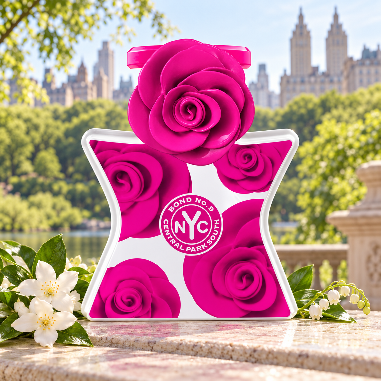 Bond No. 9 Central Park South amid white flowers on a sunlit stone ledge, with lush greenery and Manhattan buildings behind it.