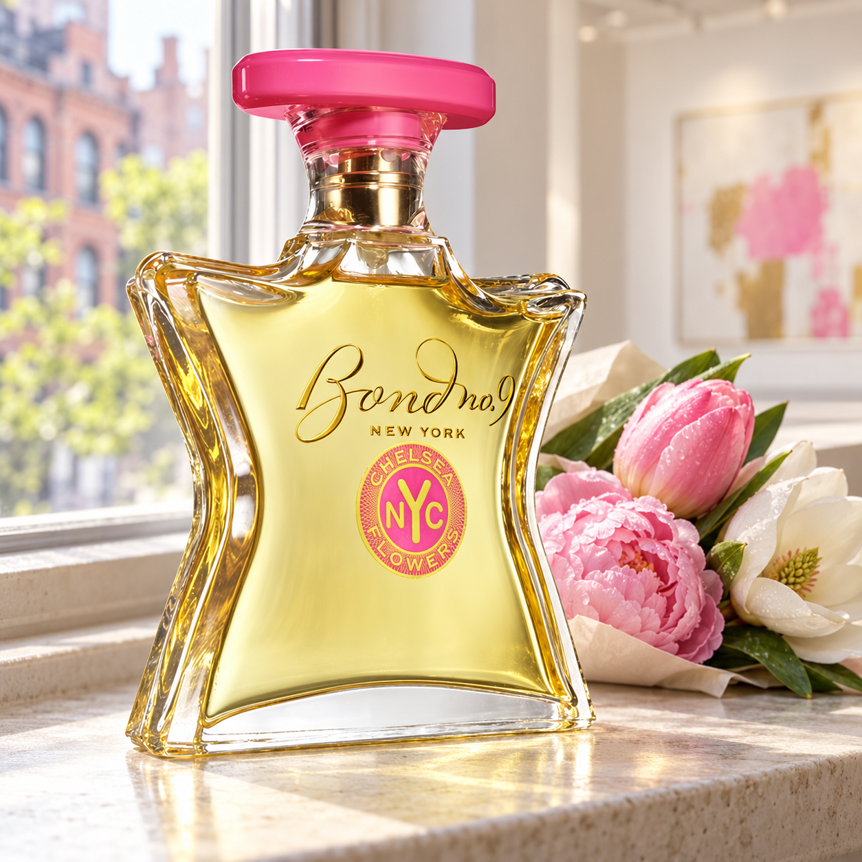 Bond No. 9 Chelsea Flowers on a sunlit gallery windowsill beside a paper-wrapped bouquet of pink tulip, peony, and white magnolia.