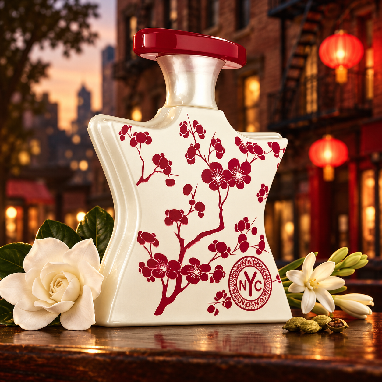 Bond No. 9 Chinatown beside white flowers and cardamom on polished wood, with red lanterns and New York brick buildings glowing behind it.