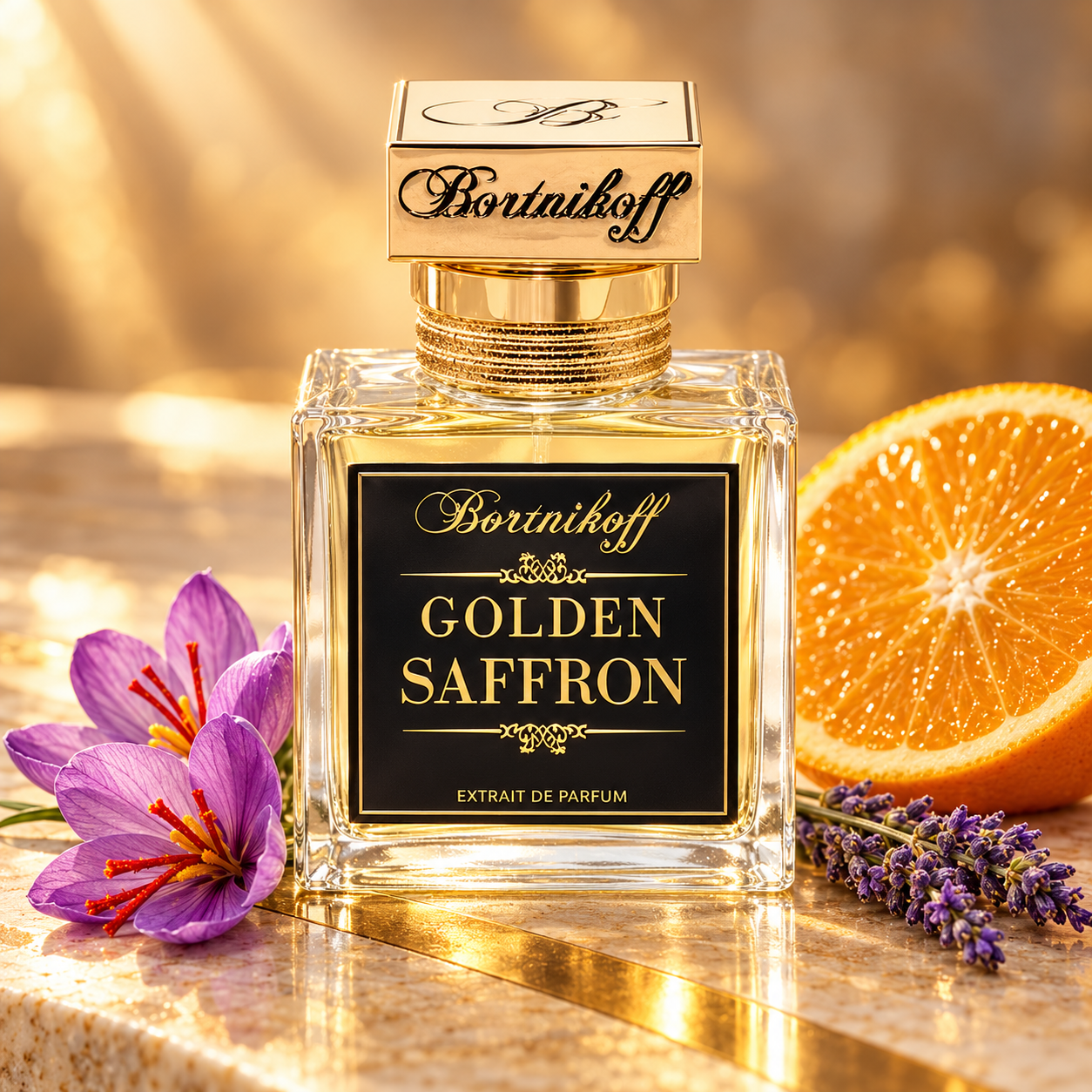 Bortnikoff Golden Saffron with purple saffron crocuses, an orange half, and lavender in warm golden sunlight.