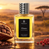 Botanicae Ebano bottle beside an open cacao pod and pink pepper berries on dark wood against a golden savanna backdrop.