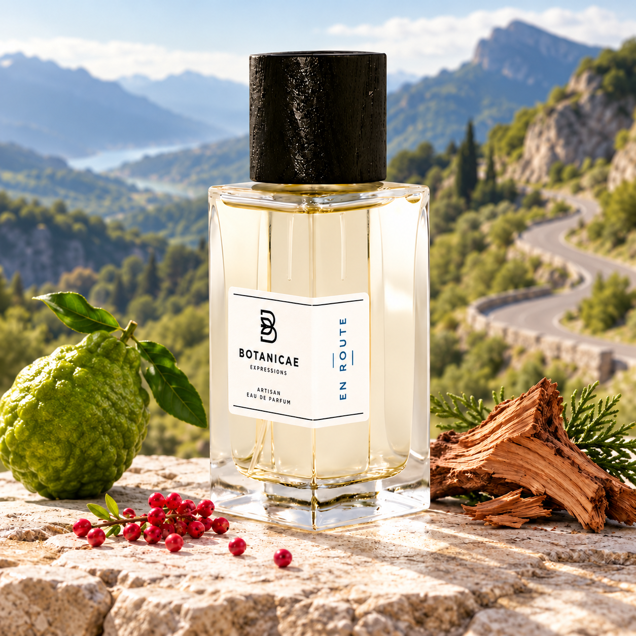 Botanicae En Route perfume with a whole bergamot, pink pepper and cedar on pale stone beside a winding mountain road.