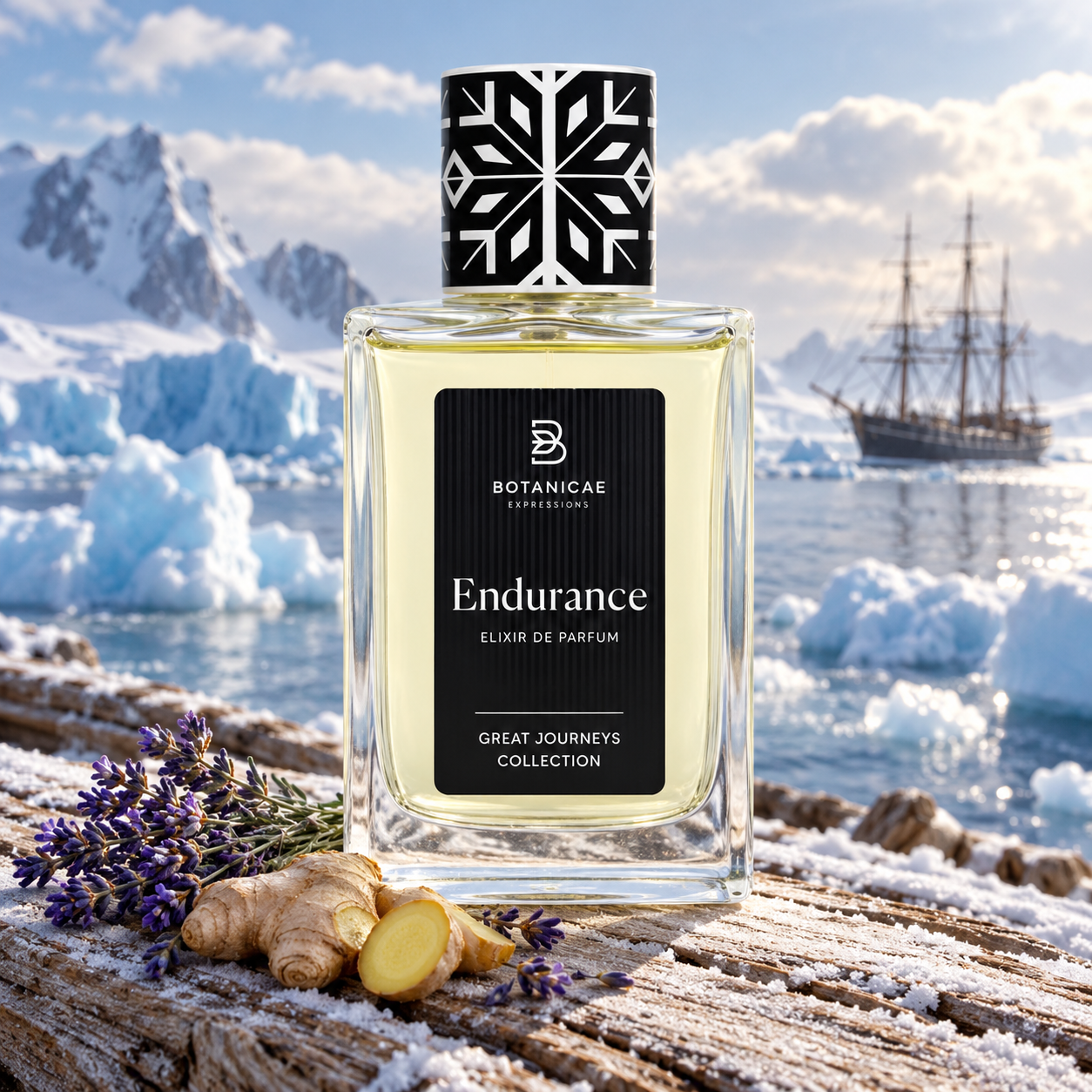 Botanicae Endurance bottle with lavender and ginger on timber beside an icy sea and distant expedition ship.